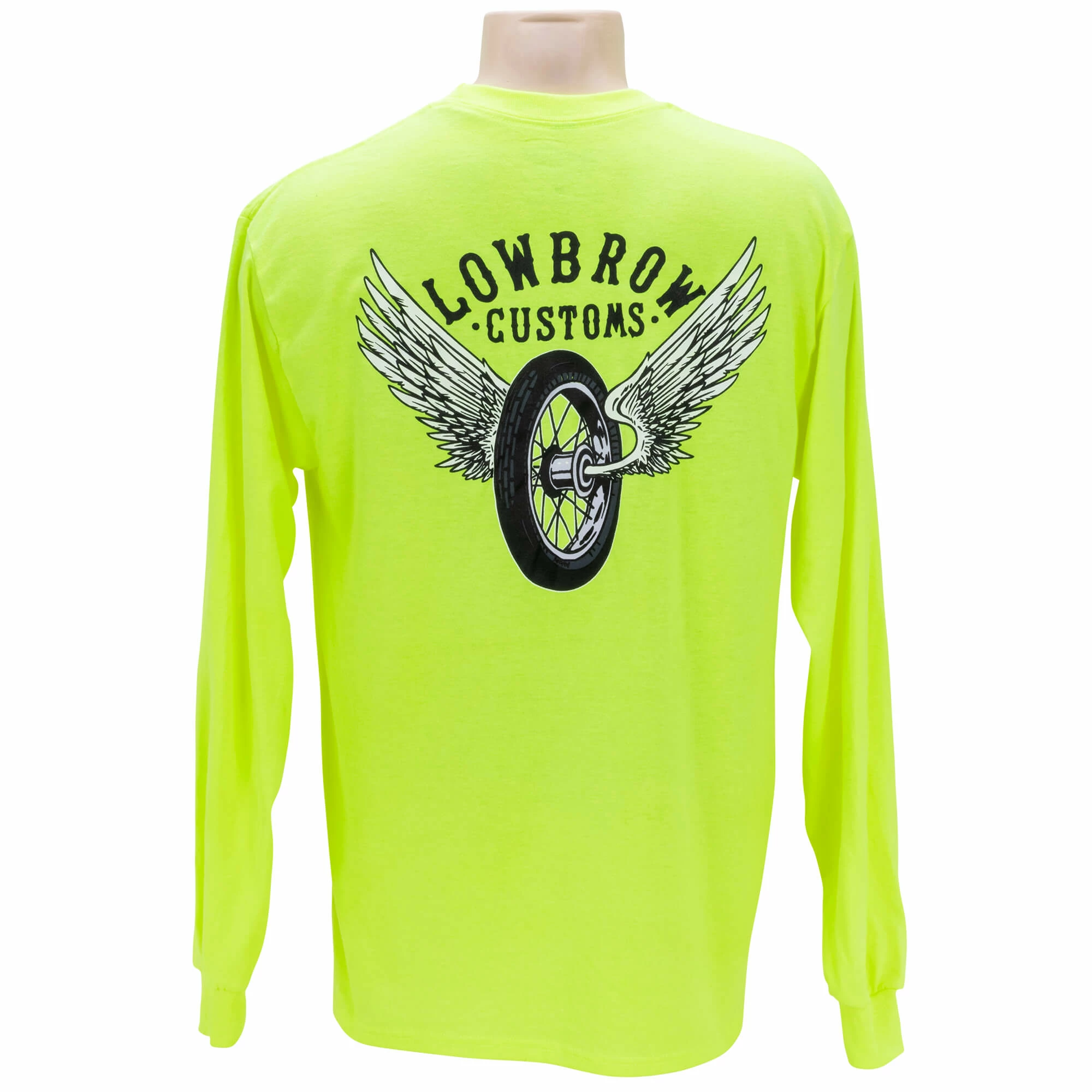 Lowbrow Customs Winged Wheel Safety Green High-Viz Longsleeve Shirt 1 Lowbrow Customs Winged Wheel Safety Green High-Viz Longsleeve Shirt